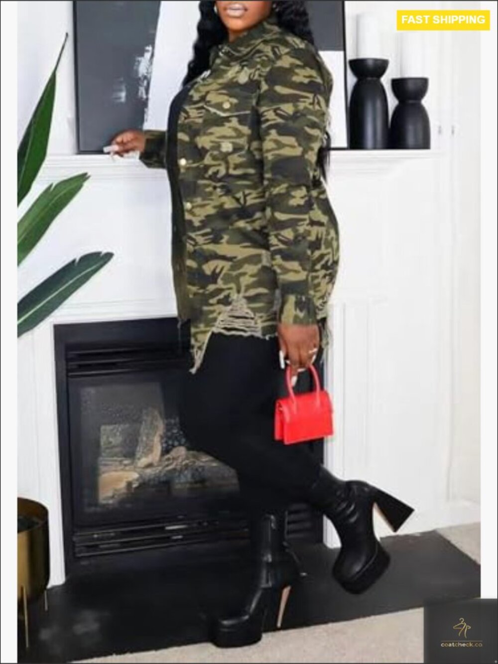 Women's Ripped Camo Jacket Casual Army Fatigue Button Down Utility Coat Plus - Picture 4 of 6